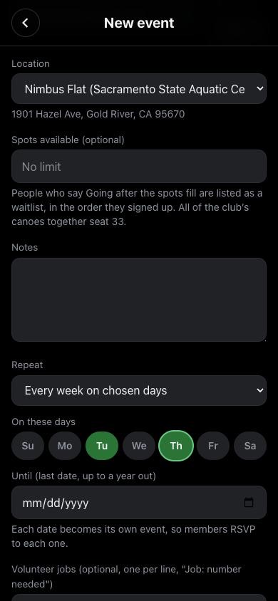 New event, repeating on Tuesdays and Thursdays