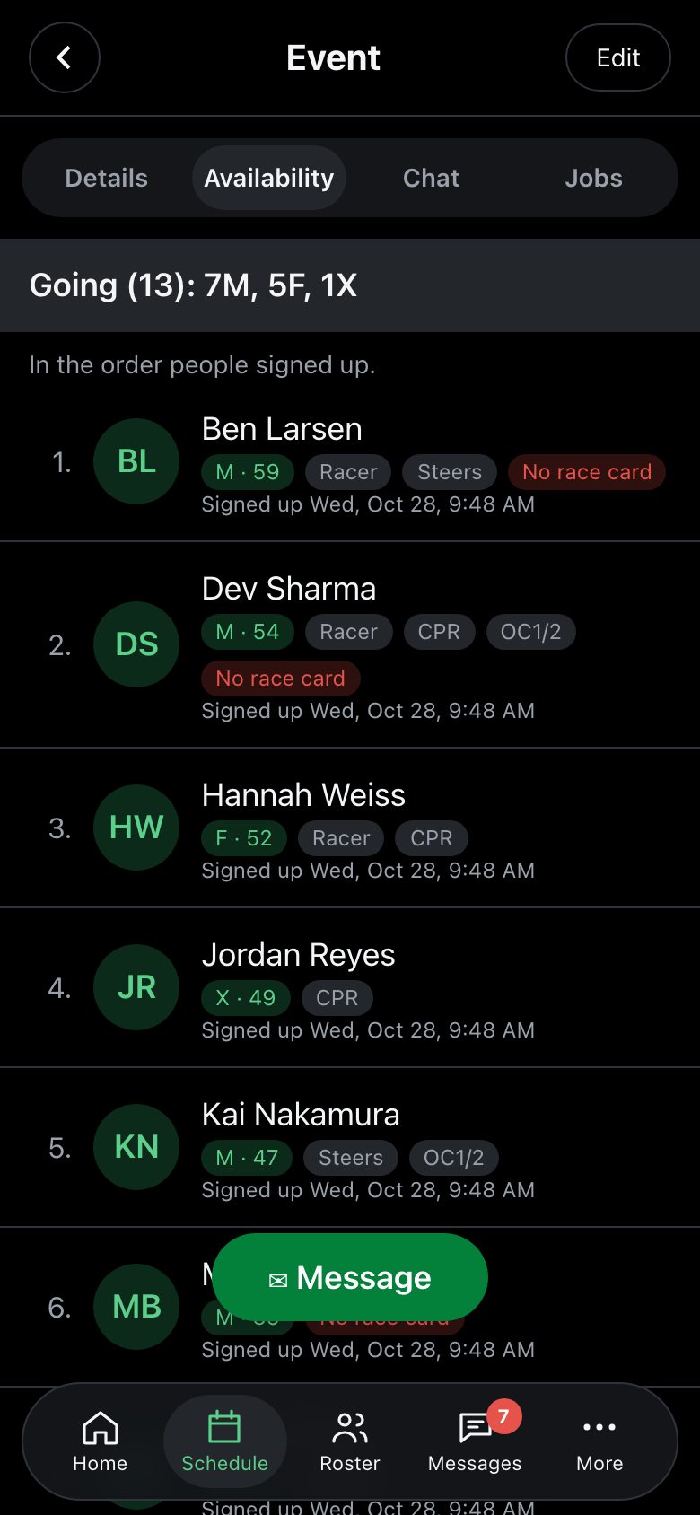 Availability, coach view