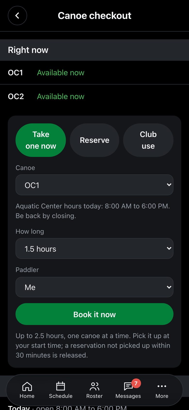 Canoe checkout, coach view with Club use