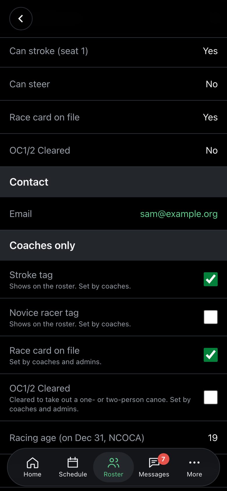 Coaches-only section of a profile
