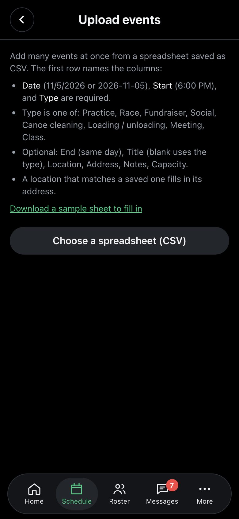 Upload events from a spreadsheet