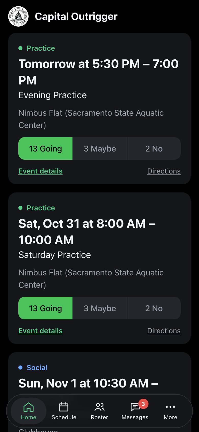 Home screen with the next practices and Going, Maybe, No buttons