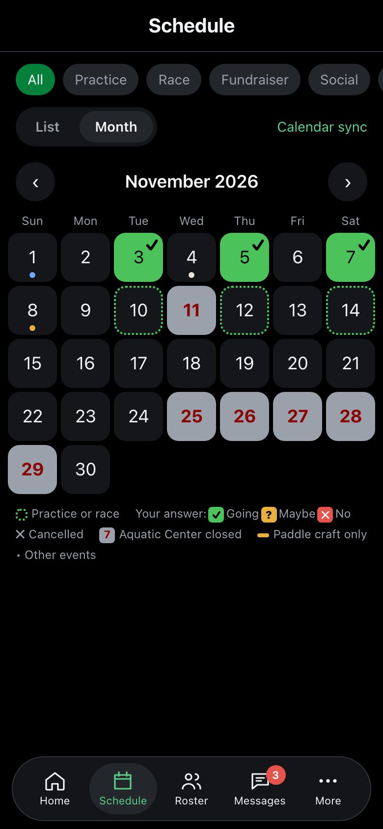 Schedule month view with practice days marked